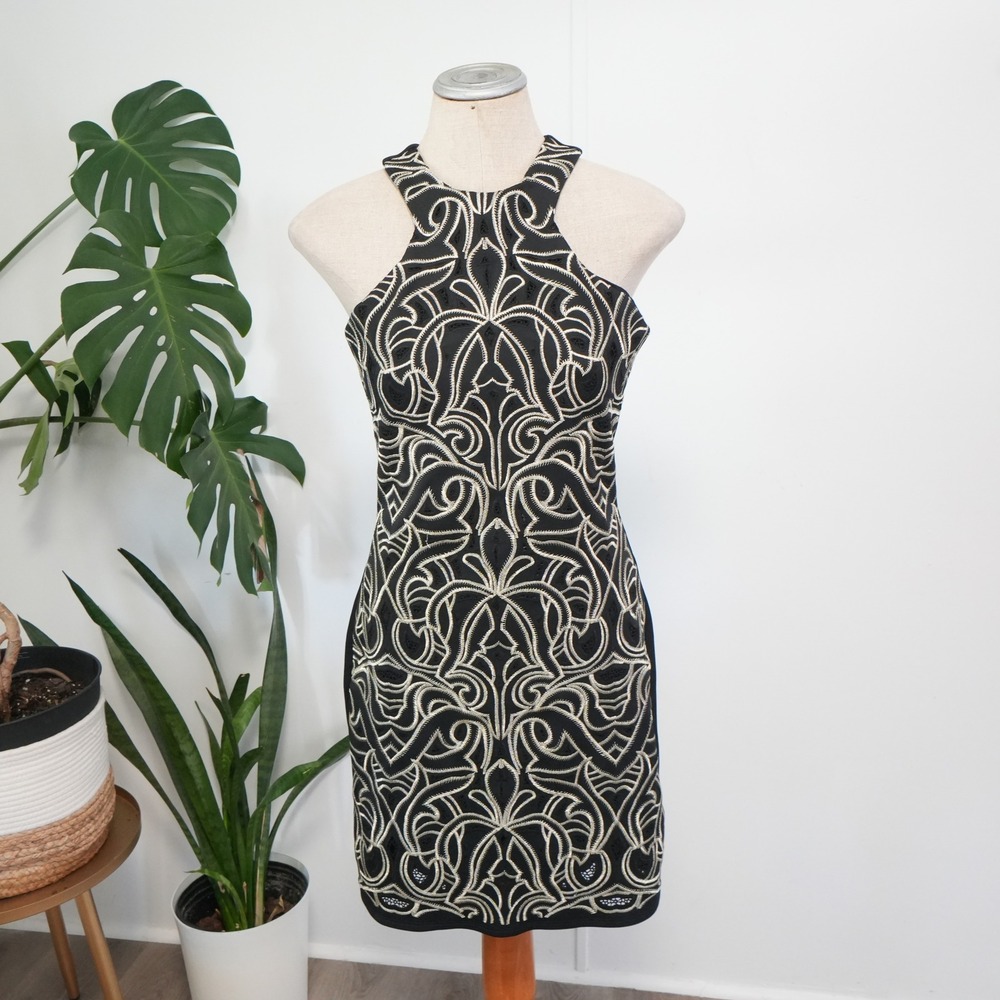 Parker Embroidered‎ Halter Mini Dress Womens M Black P5H1141AXN Cocktail Sheath